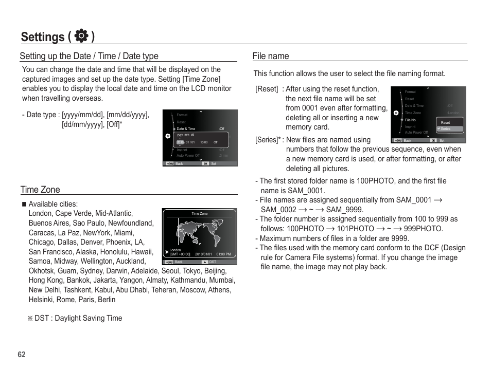 Settings ( ), File name, Setting up the date / time / date type | Time zone | Samsung EC-TL110ZBPBUS User Manual | Page 63 / 109