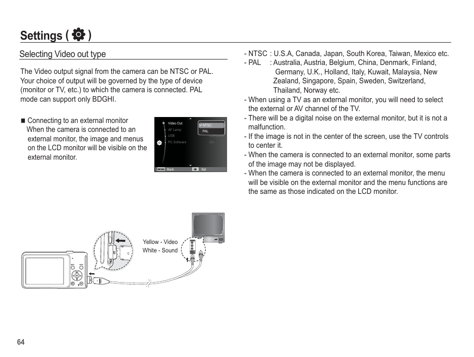 Settings ( ), Selecting video out type | Samsung EC-TL110ZBPBUS User Manual | Page 65 / 109