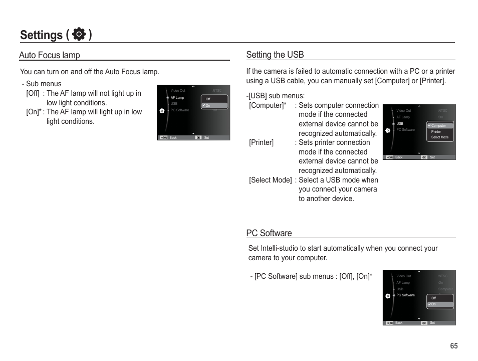 Settings ( ), Auto focus lamp setting the usb, Pc software | Samsung EC-TL110ZBPBUS User Manual | Page 66 / 109