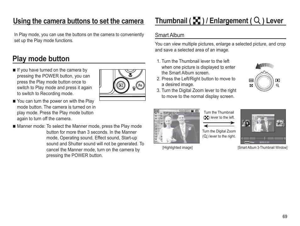 Thumbnail ( º ) / enlargement ( í ) lever, Using the camera buttons to set the camera, Play mode button | Smart album | Samsung EC-TL110ZBPBUS User Manual | Page 70 / 109