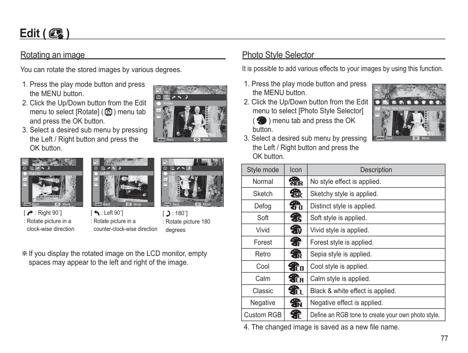 Edit ( ), Rotating an image, Photo style selector | Samsung EC-TL110ZBPBUS User Manual | Page 78 / 109