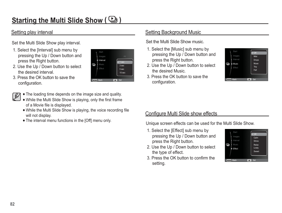Starting the multi slide show ( ), Configure multi slide show effects, Setting play interval | Setting background music | Samsung EC-TL110ZBPBUS User Manual | Page 83 / 109