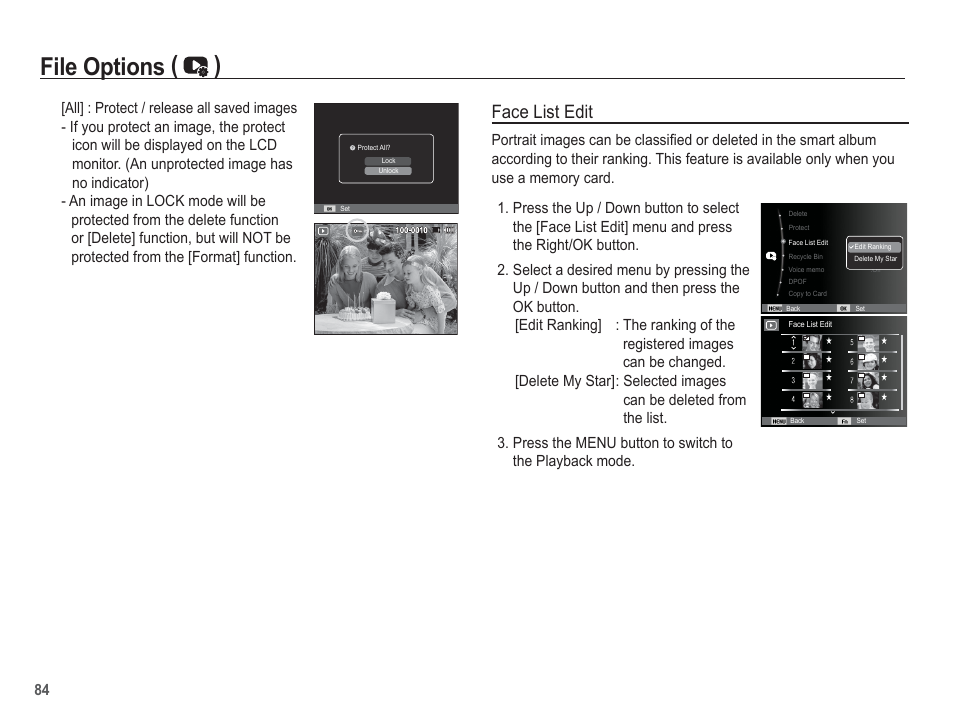 File options ( ), Face list edit | Samsung EC-TL110ZBPBUS User Manual | Page 85 / 109