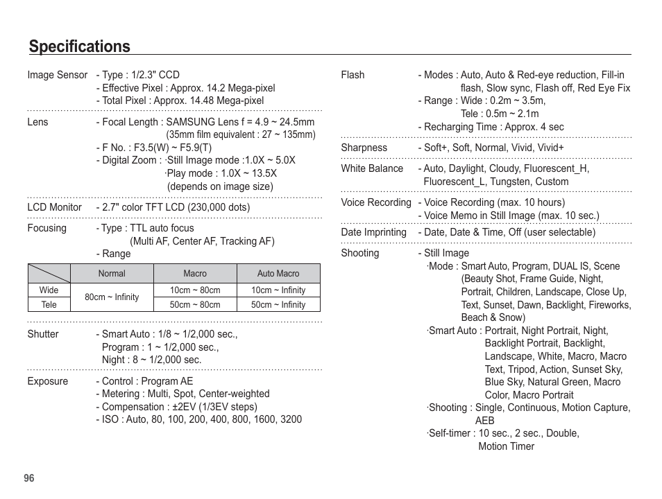 Specifications | Samsung EC-TL110ZBPBUS User Manual | Page 97 / 109