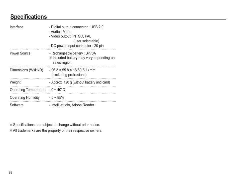 Specifications | Samsung EC-TL110ZBPBUS User Manual | Page 99 / 109