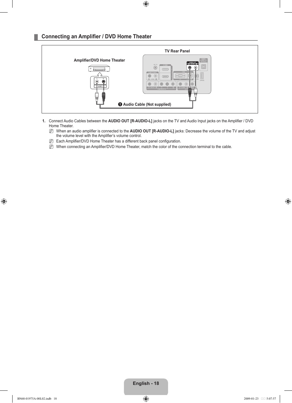 Connecting an amplifier / dvd home theater | Samsung LN22B360C5DUZA User Manual | Page 20 / 93