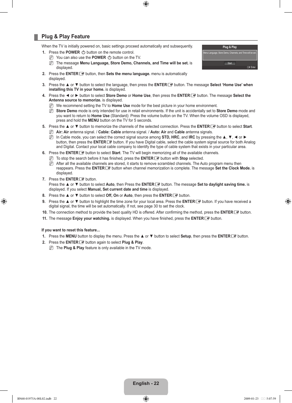 Plug & play feature | Samsung LN22B360C5DUZA User Manual | Page 24 / 93