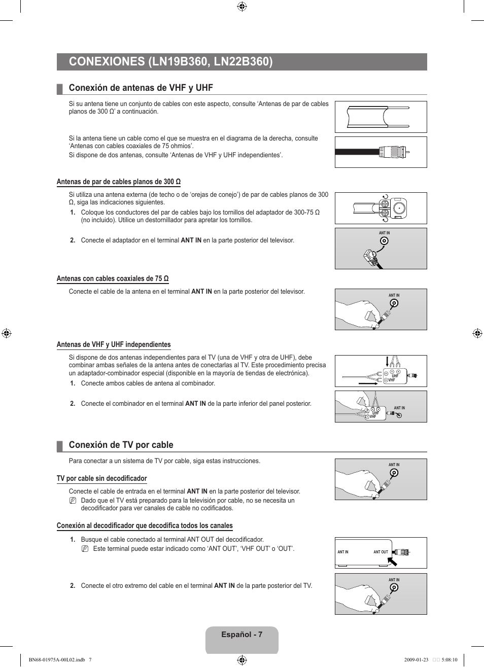 Conexión de antenas de vhf y uhf, Conexión de tv por cable | Samsung LN22B360C5DUZA User Manual | Page 55 / 93