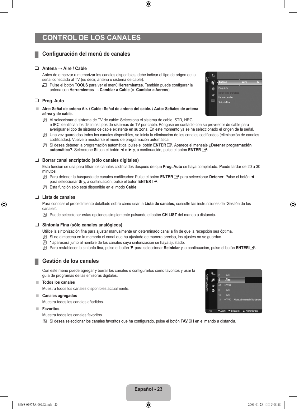 Control de los canales, Configuración del menú de canales, Gestión de los canales | Samsung LN22B360C5DUZA User Manual | Page 71 / 93