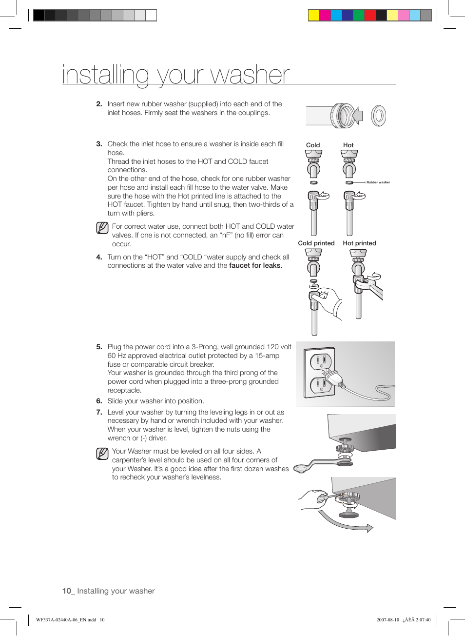 Installing your washer | Samsung WF337AAW-XAA User Manual | Page 10 / 88