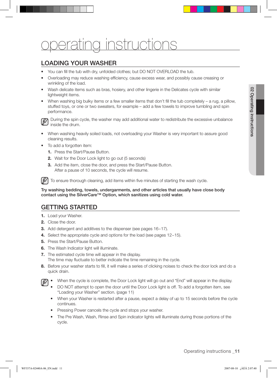 Operating instructions, Loading your washer, Getting started | Samsung WF337AAW-XAA User Manual | Page 11 / 88