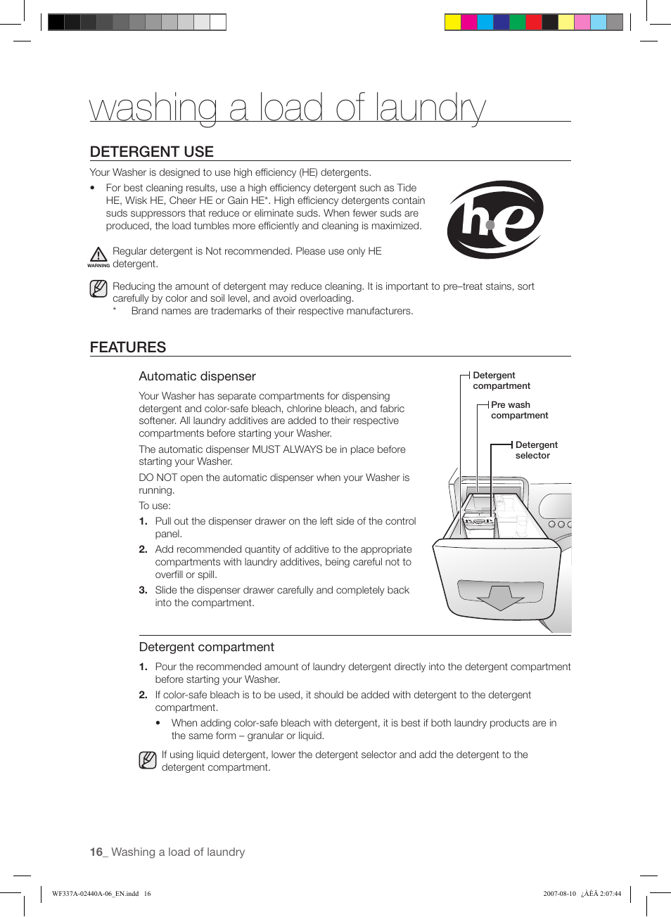 Washing a load of laundry, Detergent use, Features | Samsung WF337AAW-XAA User Manual | Page 16 / 88