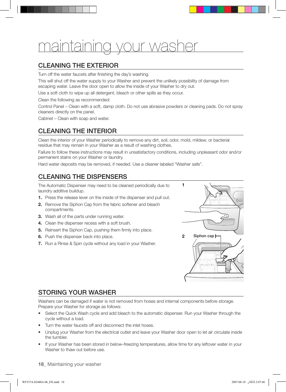 Maintaining your washer, Cleaning the exterior, Cleaning the interior | Cleaning the dispensers, Storing your washer | Samsung WF337AAW-XAA User Manual | Page 18 / 88