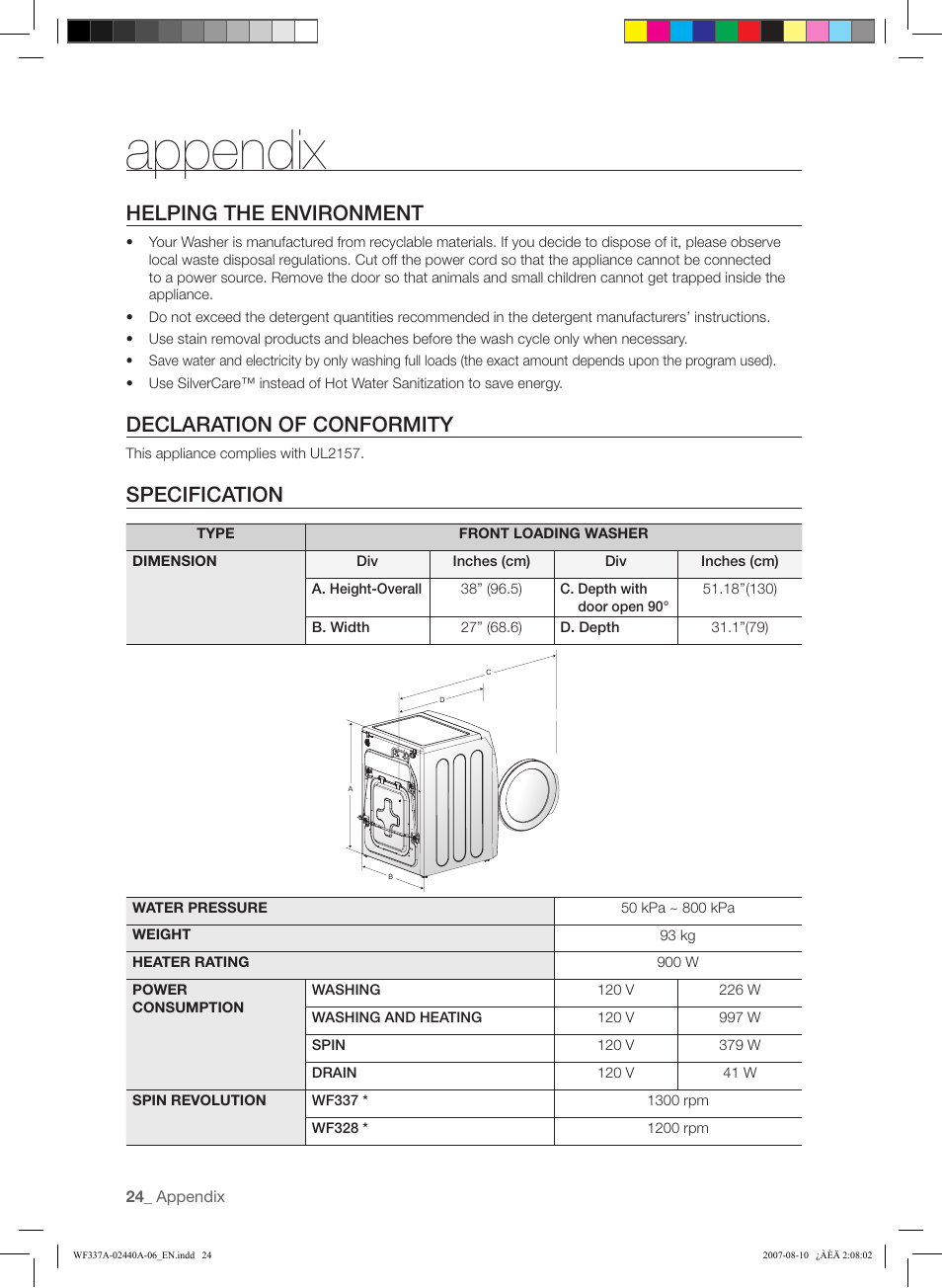 Appendix, Helping the environment, Declaration of conformity | Specification | Samsung WF337AAW-XAA User Manual | Page 24 / 88