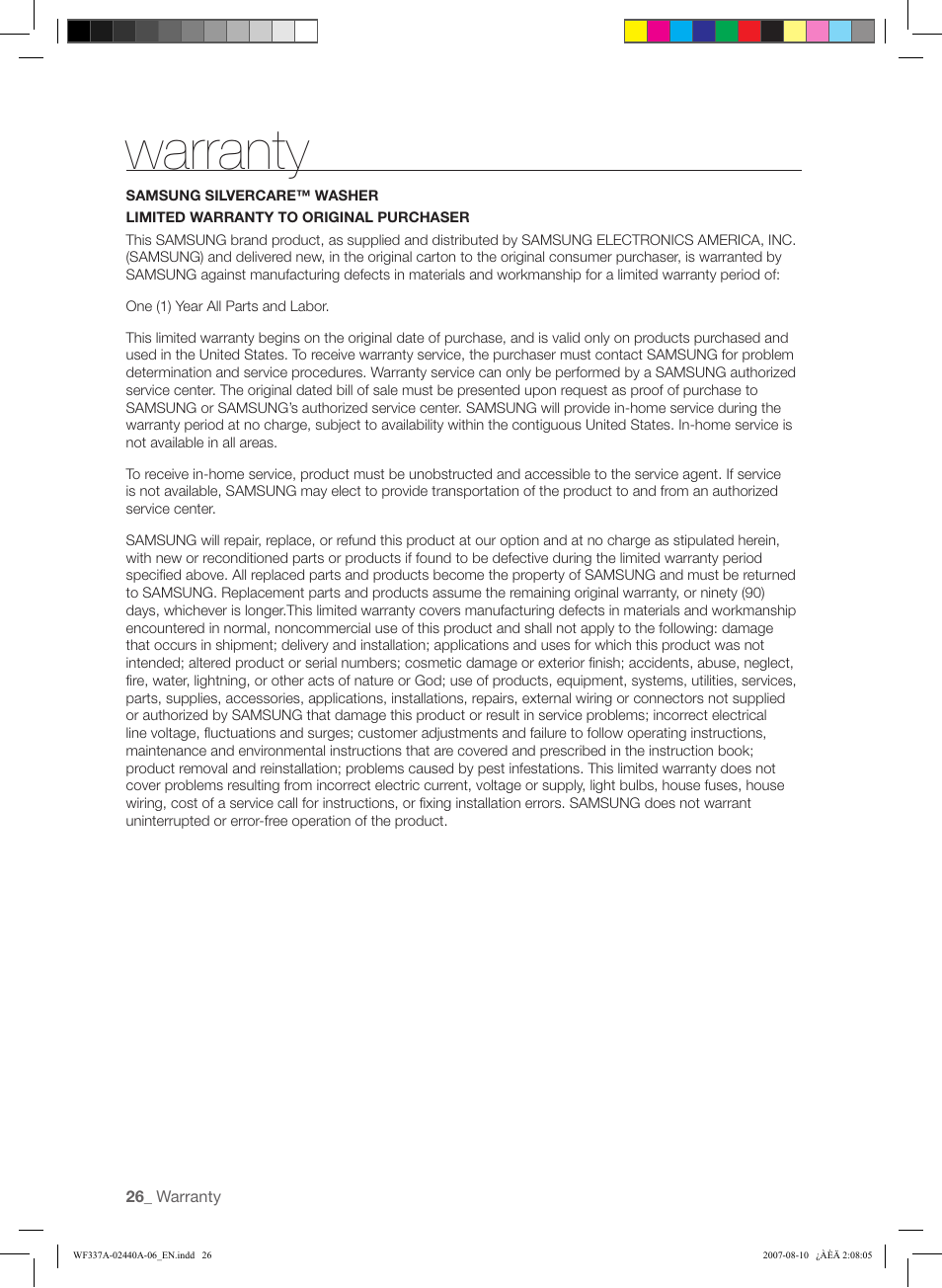 Warranty | Samsung WF337AAW-XAA User Manual | Page 26 / 88