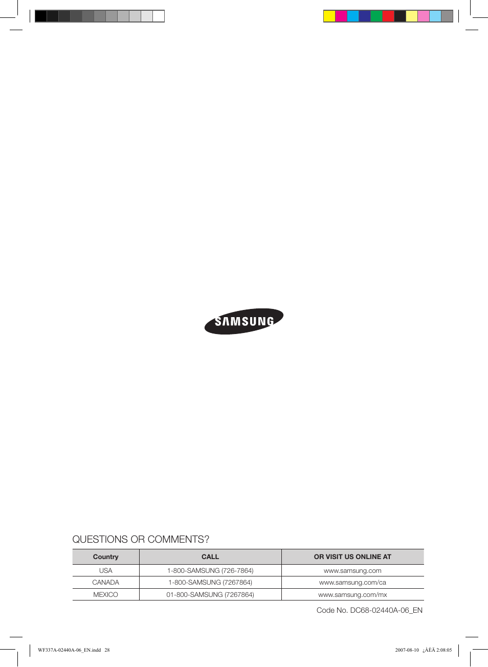 Questions or comments | Samsung WF337AAW-XAA User Manual | Page 28 / 88