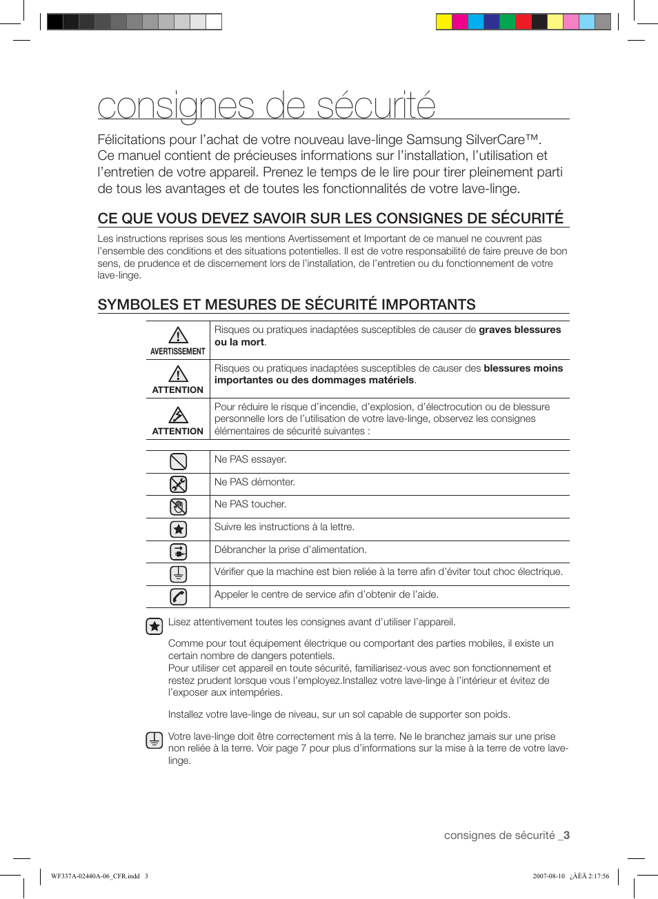 Consignes de sécurité, Symboles et mesures de sécurité importants | Samsung WF337AAW-XAA User Manual | Page 31 / 88