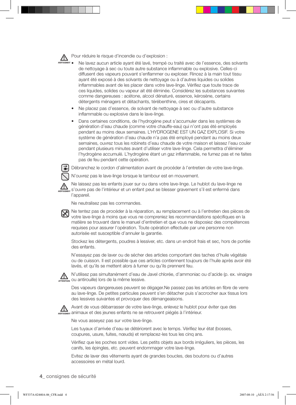 Consignes de sécurité | Samsung WF337AAW-XAA User Manual | Page 32 / 88