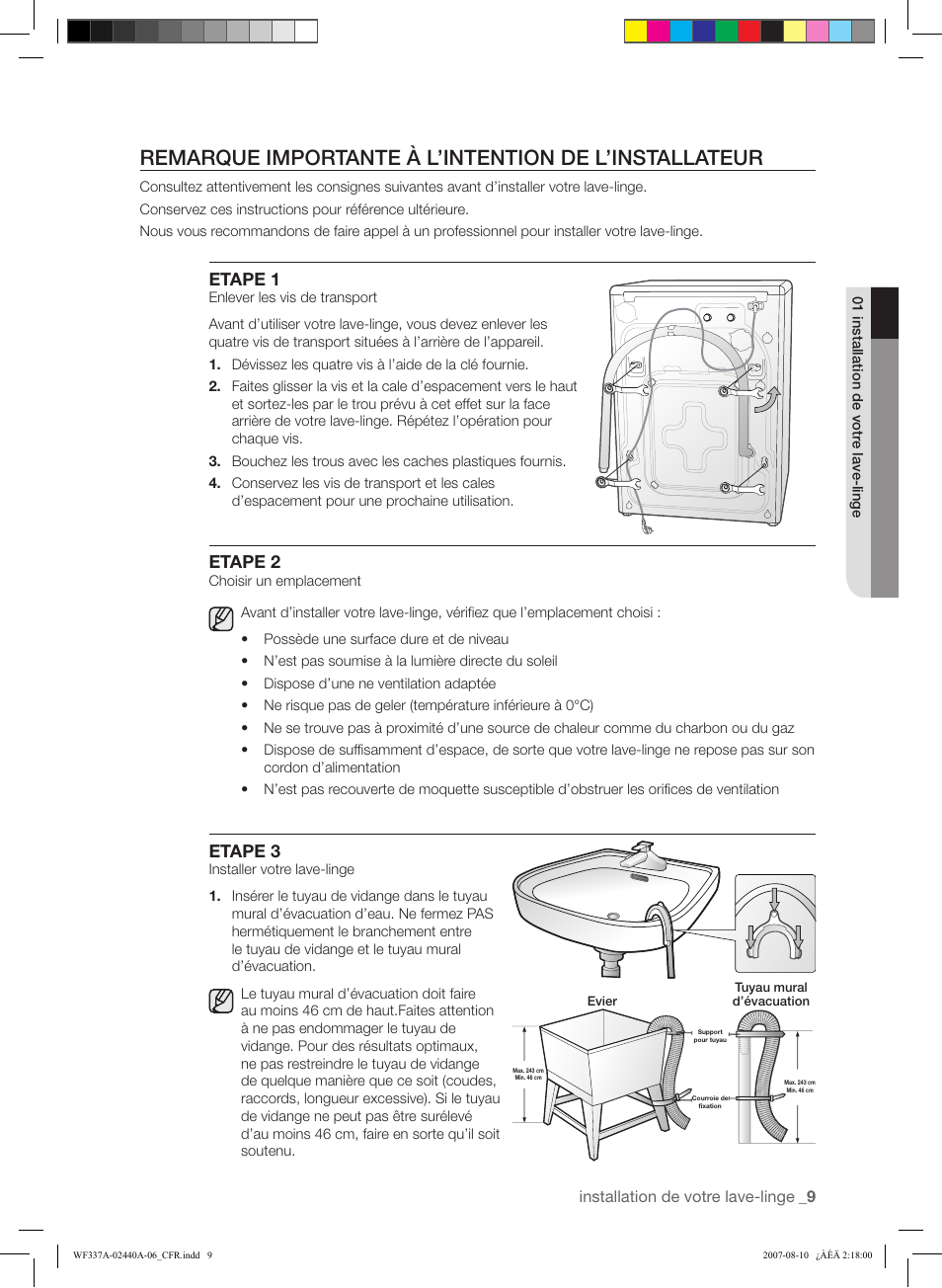 Etape 1, Etape 2, Etape 3 | Installation de votre lave-linge | Samsung WF337AAW-XAA User Manual | Page 37 / 88