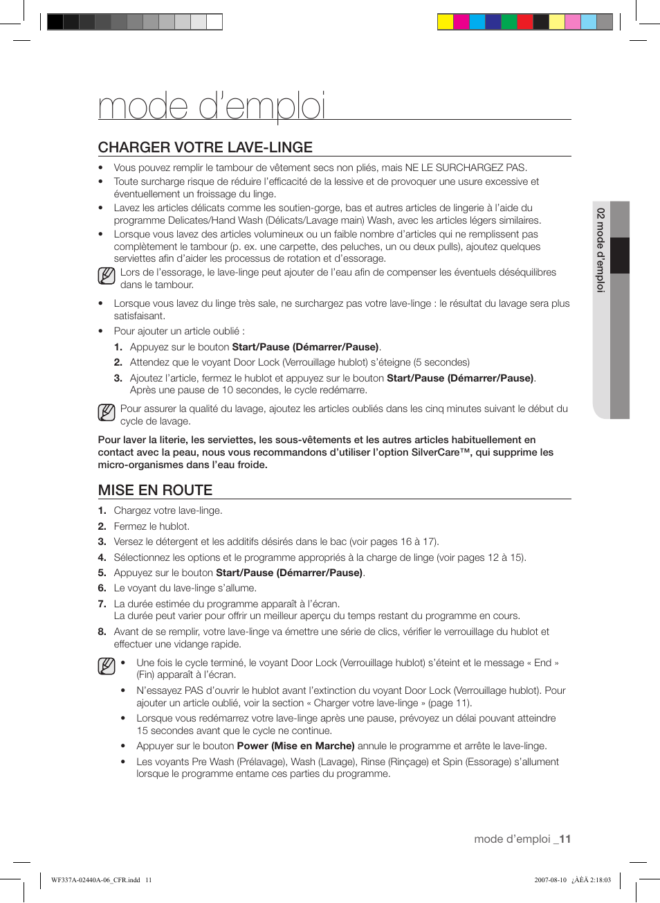 Mode d’emploi, Charger votre lave-linge, Mise en route | Samsung WF337AAW-XAA User Manual | Page 39 / 88