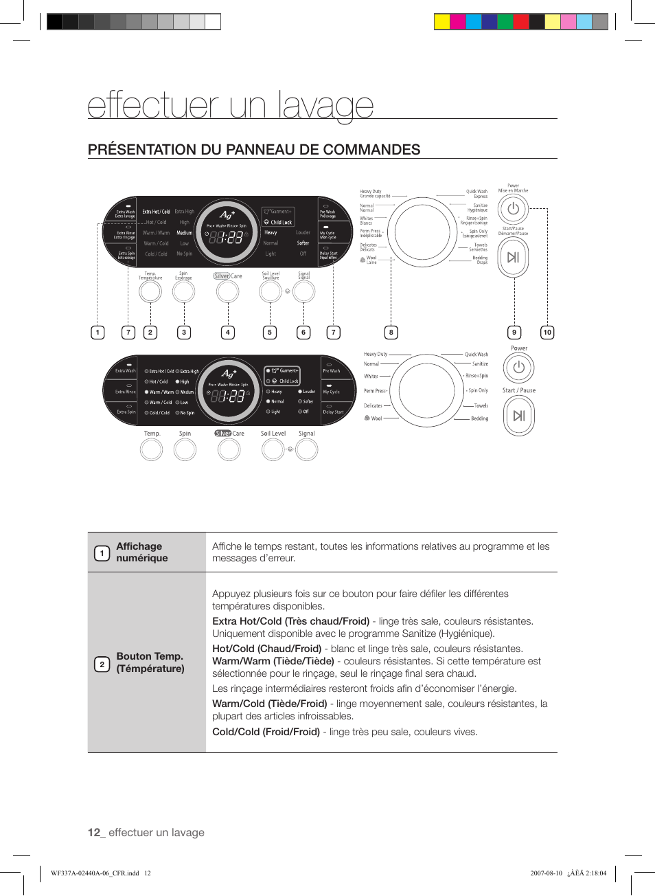 Effectuer un lavage, Présentation du panneau de commandes | Samsung WF337AAW-XAA User Manual | Page 40 / 88