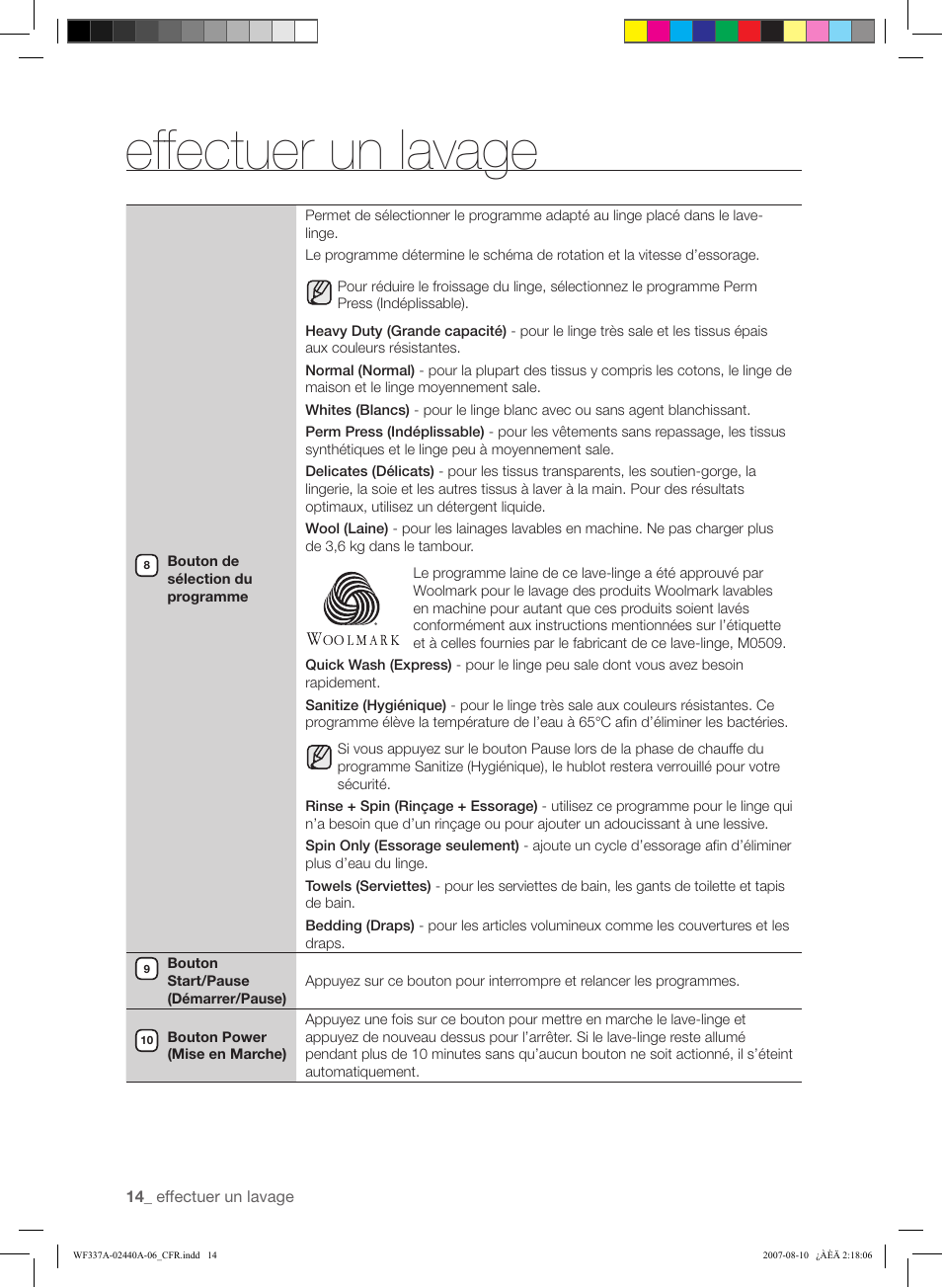 Effectuer un lavage | Samsung WF337AAW-XAA User Manual | Page 42 / 88