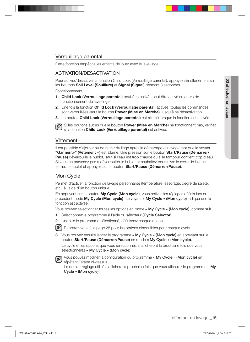 Verrouillage parental, Vêtement, Mon cycle | Activation/desactivation | Samsung WF337AAW-XAA User Manual | Page 43 / 88