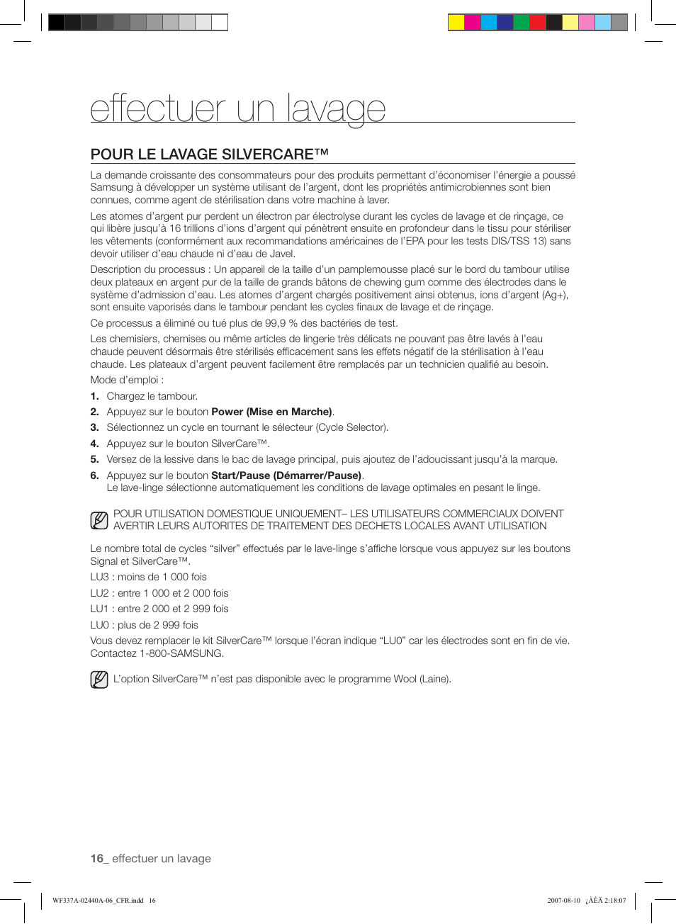 Effectuer un lavage, Pour le lavage silvercare | Samsung WF337AAW-XAA User Manual | Page 44 / 88
