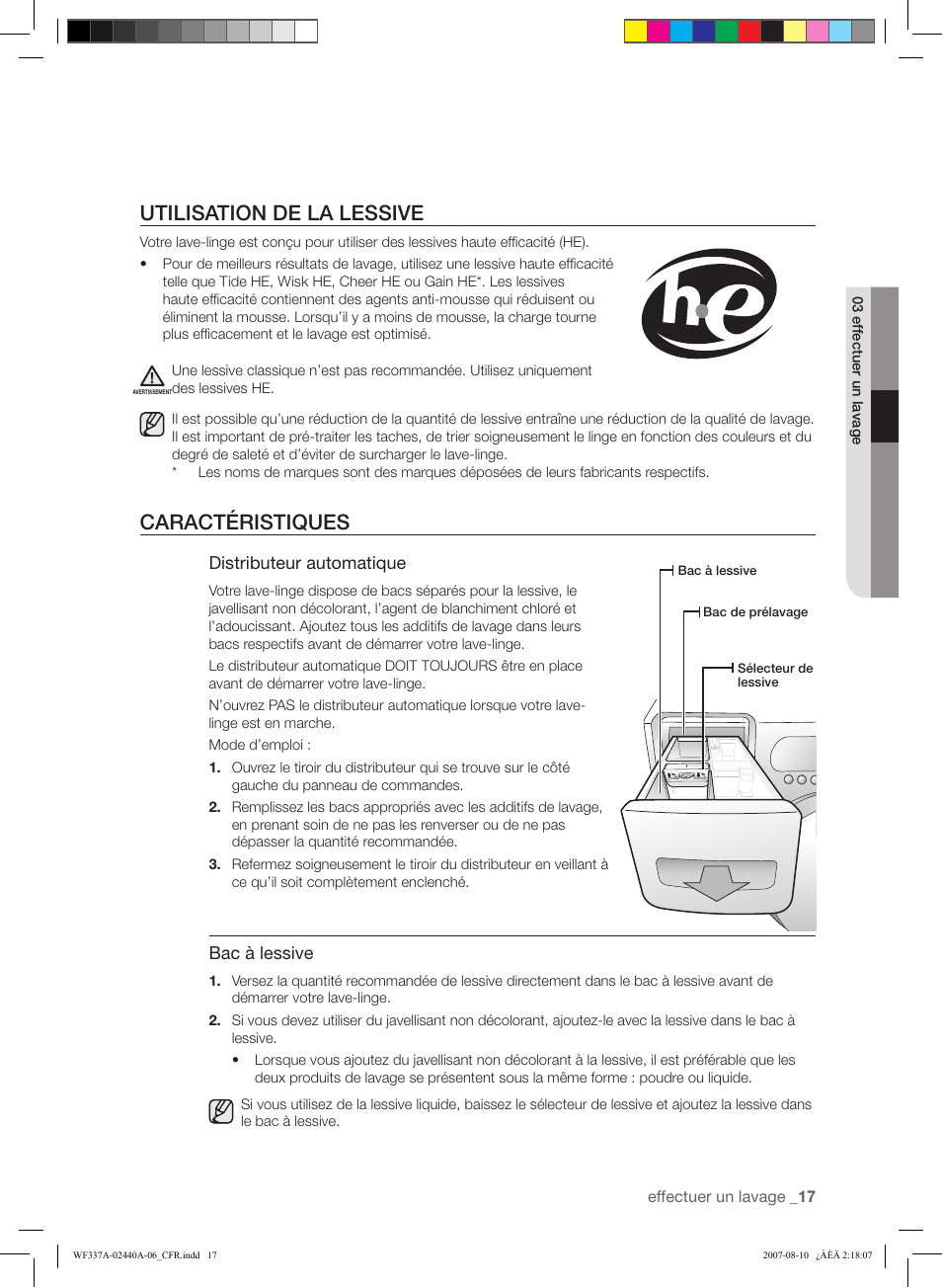 Utilisation de la lessive, Caractéristiques, Distributeur automatique | Bac à lessive | Samsung WF337AAW-XAA User Manual | Page 45 / 88