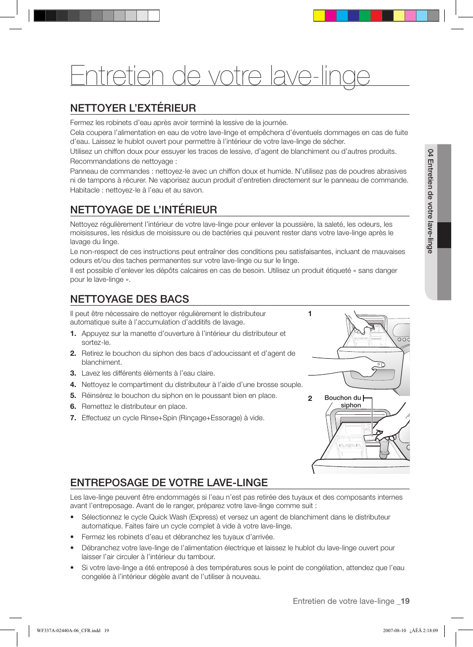 Entretien de votre lave-linge, Nettoyer l’extérieur, Nettoyage de l’intérieur | Nettoyage des bacs, Entreposage de votre lave-linge | Samsung WF337AAW-XAA User Manual | Page 47 / 88