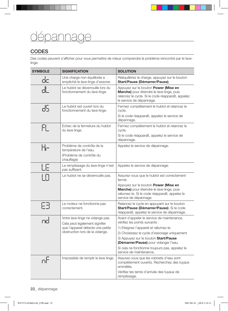 Dépannage, Codes | Samsung WF337AAW-XAA User Manual | Page 50 / 88