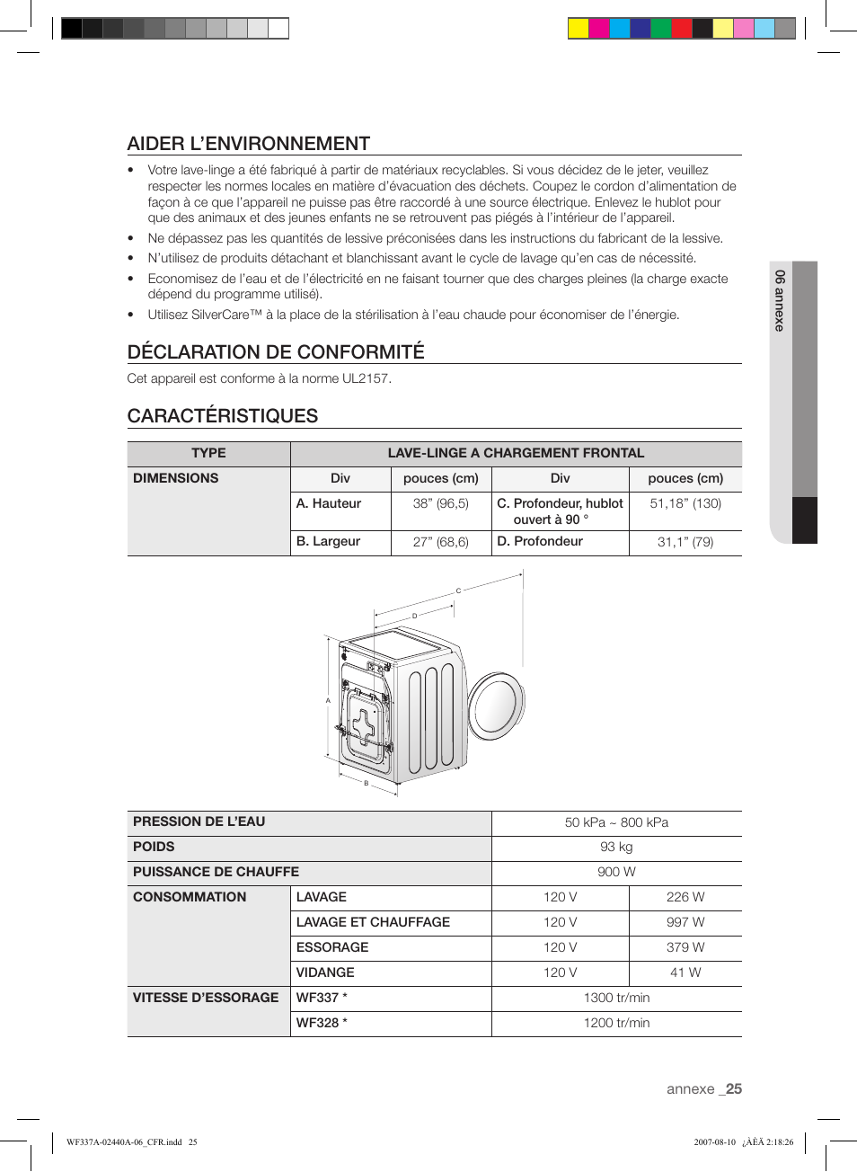 Aider l’environnement, Déclaration de conformité, Caractéristiques | Samsung WF337AAW-XAA User Manual | Page 53 / 88