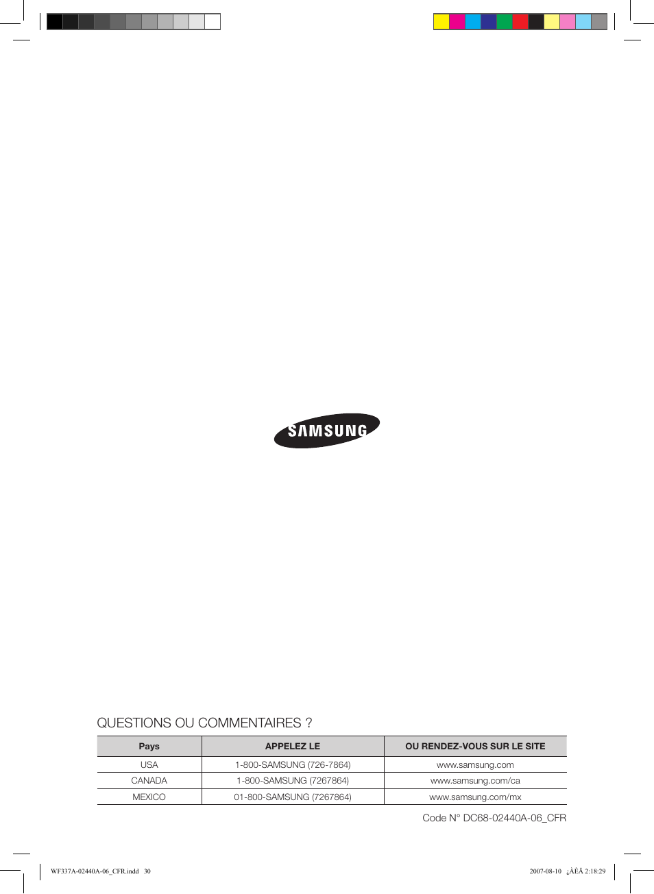 Questions ou commentaires | Samsung WF337AAW-XAA User Manual | Page 58 / 88