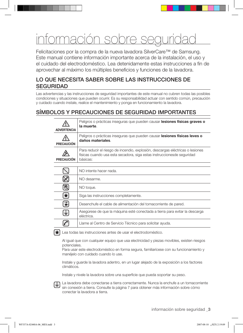 Información sobre seguridad, Símbolos y precauciones de seguridad importantes | Samsung WF337AAW-XAA User Manual | Page 61 / 88