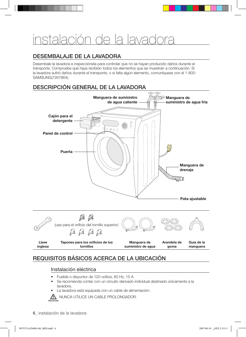 Instalación de la lavadora, Desembalaje de la lavadora, Descripción general de la lavadora | Requisitos básicos acerca de la ubicación, Instalación eléctrica | Samsung WF337AAW-XAA User Manual | Page 64 / 88