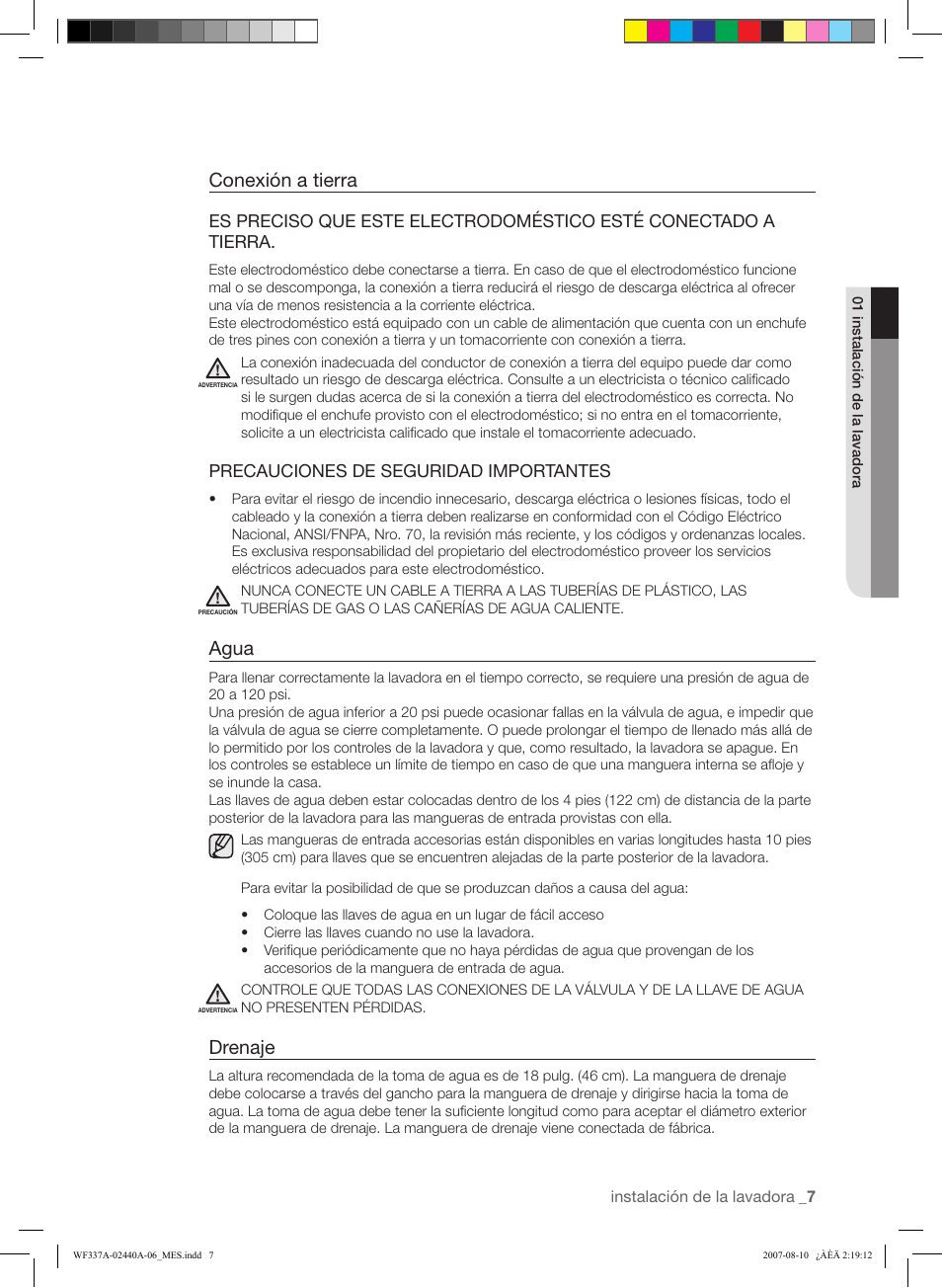 Conexión a tierra, Agua, Drenaje | Precauciones de seguridad importantes | Samsung WF337AAW-XAA User Manual | Page 65 / 88