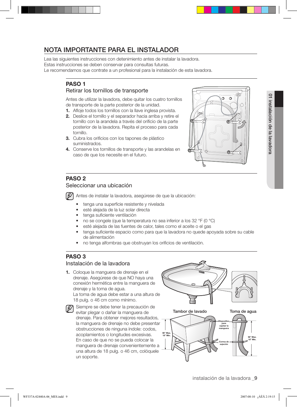 Nota importante para el instalador, Paso 1 retirar los tornillos de transporte, Paso 2 seleccionar una ubicación | Paso 3 instalación de la lavadora, Instalación de la lavadora | Samsung WF337AAW-XAA User Manual | Page 67 / 88