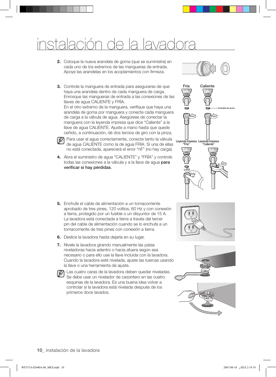 Instalación de la lavadora | Samsung WF337AAW-XAA User Manual | Page 68 / 88