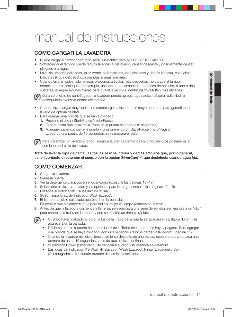 Manual de instrucciones, Cómo cargar la lavadora, Cómo comenzar | Samsung WF337AAW-XAA User Manual | Page 69 / 88