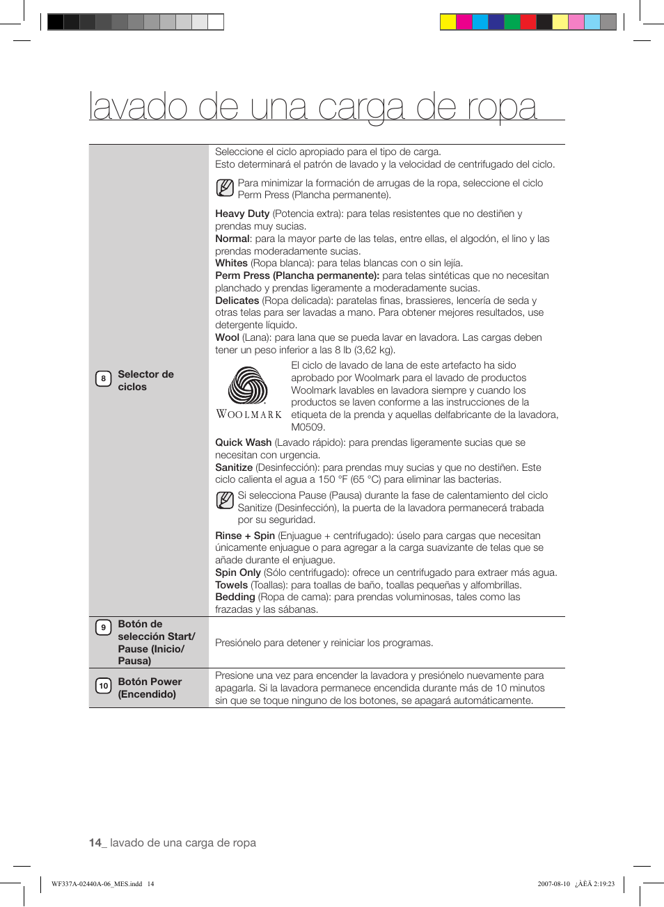 Lavado de una carga de ropa | Samsung WF337AAW-XAA User Manual | Page 72 / 88