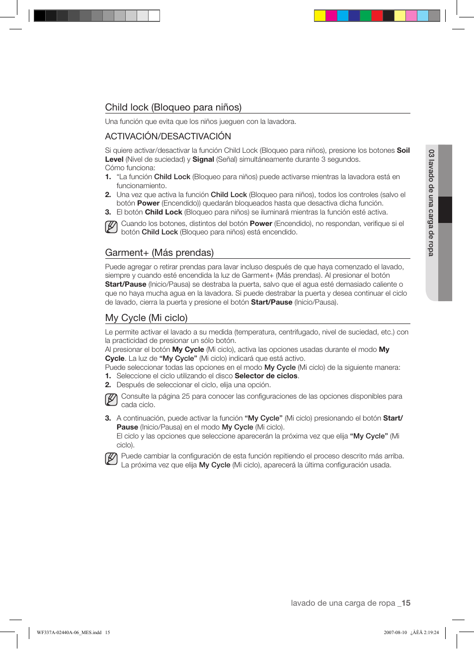 Child lock (bloqueo para niños), Garment+ (más prendas), My cycle (mi ciclo) | Activación/desactivación | Samsung WF337AAW-XAA User Manual | Page 73 / 88