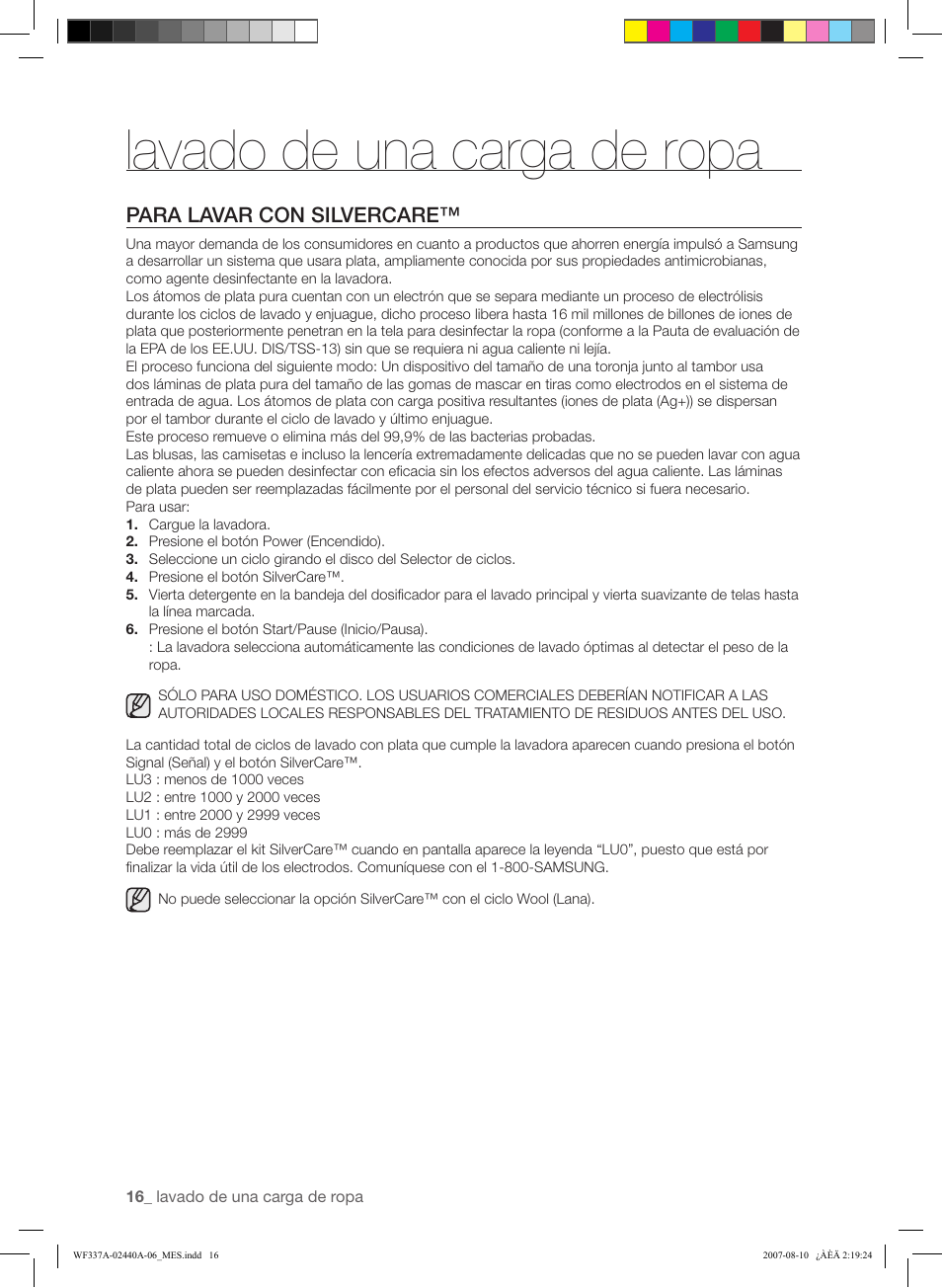 Lavado de una carga de ropa, Para lavar con silvercare | Samsung WF337AAW-XAA User Manual | Page 74 / 88