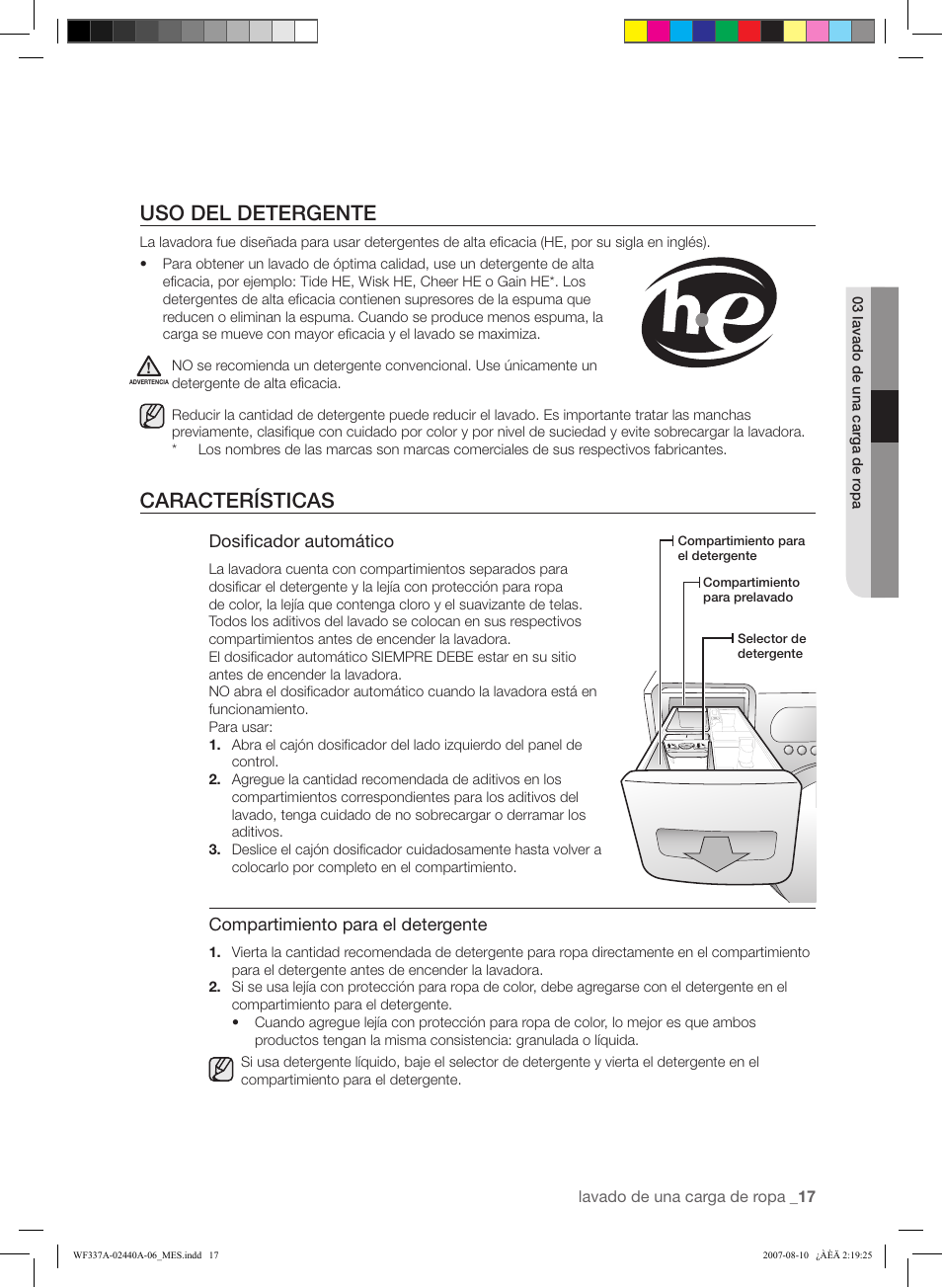 Uso del detergente, Características, Dosificador automático | Compartimiento para el detergente | Samsung WF337AAW-XAA User Manual | Page 75 / 88