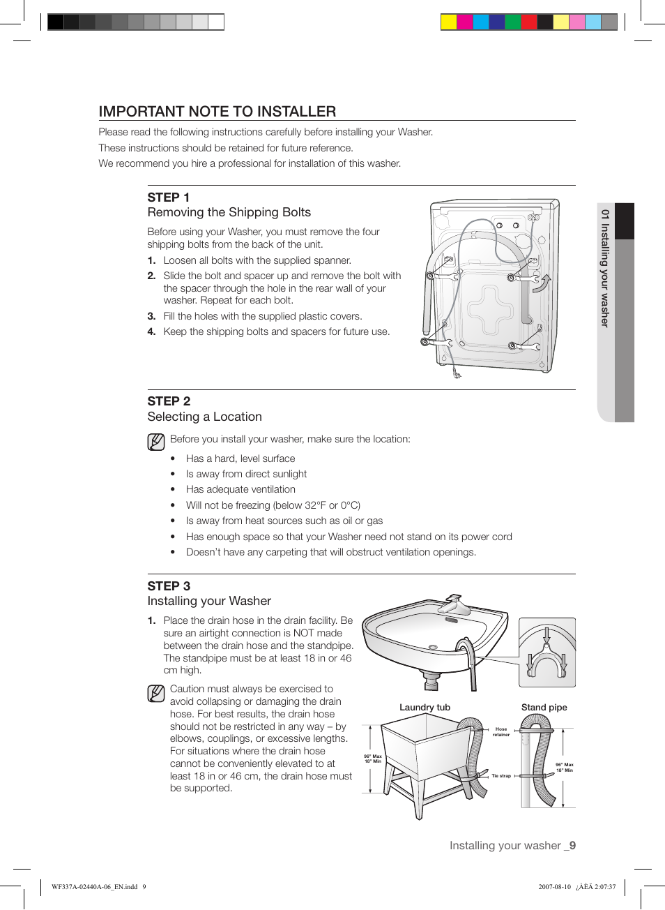 Step 1 removing the shipping bolts, Step 2 selecting a location, Step 3 installing your washer | Installing your washer | Samsung WF337AAW-XAA User Manual | Page 9 / 88