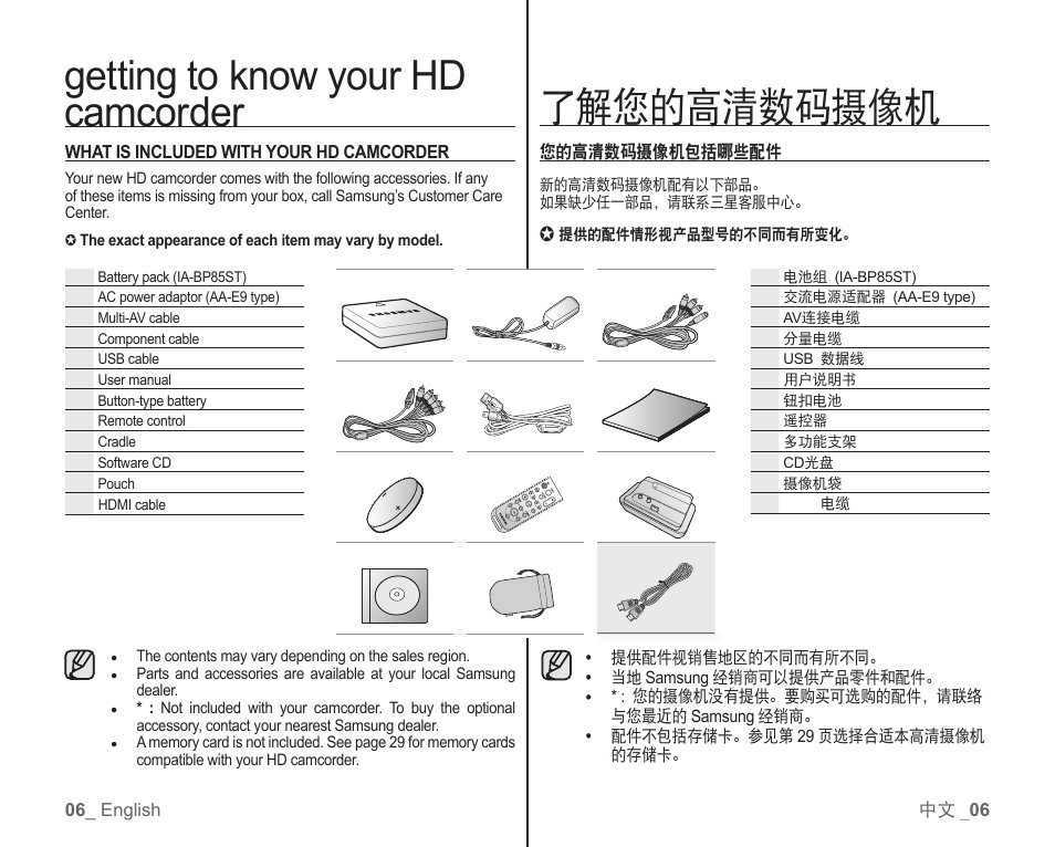 Getting to know your hd camcorder, 了解您的高清数码摄像机 | Samsung SC-HMX10C-RCL User Manual | Page 14 / 119