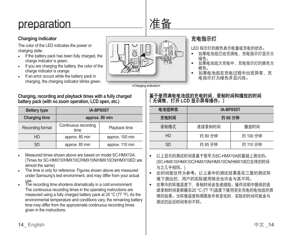 Preparation 准备, 充电指示灯 | Samsung SC-HMX10C-RCL User Manual | Page 22 / 119