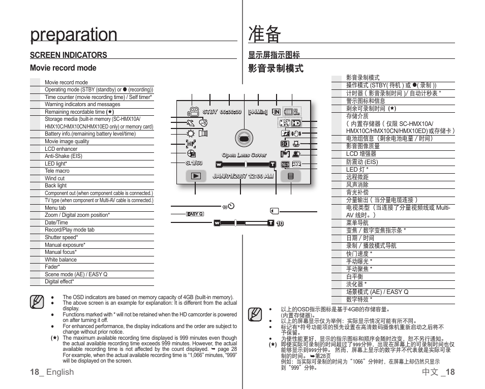 Preparation, 影音录制模式, 18 _ english 中文 _ 18 | Screen indicators movie record mode, 显示屏指示图标 | Samsung SC-HMX10C-RCL User Manual | Page 26 / 119