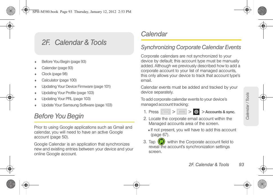 2f. calendar & tools, Before you begin, Calendar | Synchronizing corporate calendar events | Samsung SPH-M580ZKASPR User Manual | Page 107 / 236