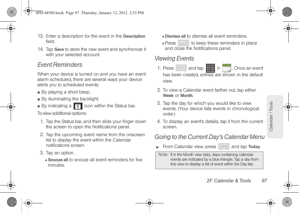 Event reminders, Viewing events, Going to the current day’s calendar menu | Samsung SPH-M580ZKASPR User Manual | Page 111 / 236