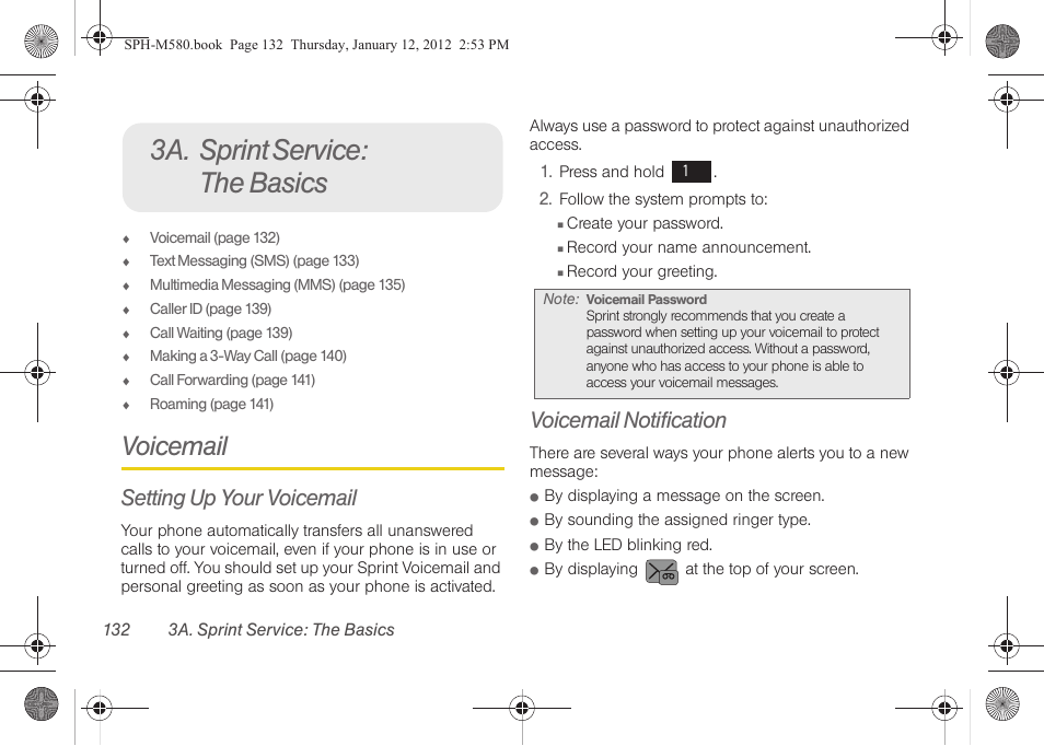 3a. sprint service: the basics, Voicemail, Setting up your voicemail | Voicemail notification | Samsung SPH-M580ZKASPR User Manual | Page 146 / 236